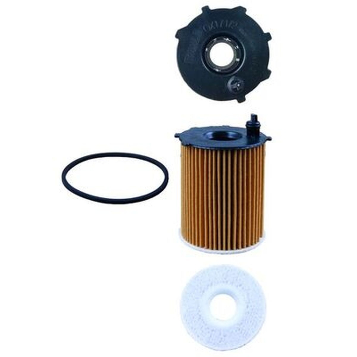 Pleated paper cartridge oil filter with black plastic end cap, shown with a rubber O-ring and a black plastic cover