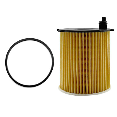 Cartridge-style oil filter kit featuring a yellow pleated paper element, a circular rubber gasket ring, and a white fiber disc on a white background