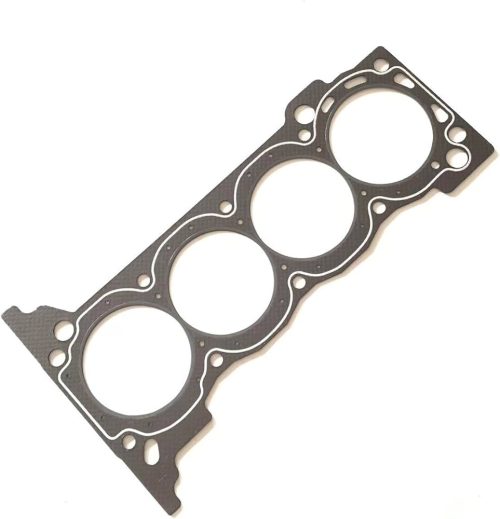 Multi-layer steel cylinder head gasket with four round cylinder openings and precision-cut bolt holes