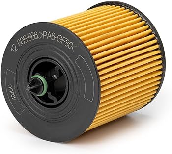 Cylindrical oil filter cartridge with yellow pleated paper exterior and black plastic end caps
