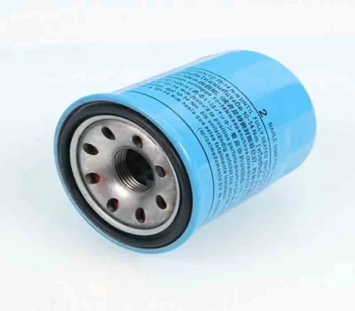 Spin-on oil filter with cylindrical metal housing and threaded base for Honda petrol engine