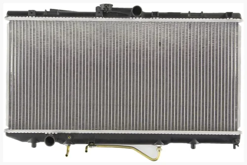 Automotive radiator with aluminum core and black plastic end tanks