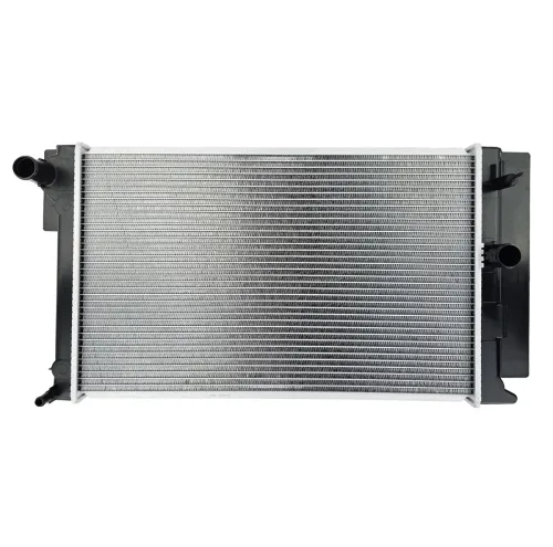 Automotive radiator with aluminum cooling core and black plastic end tanks