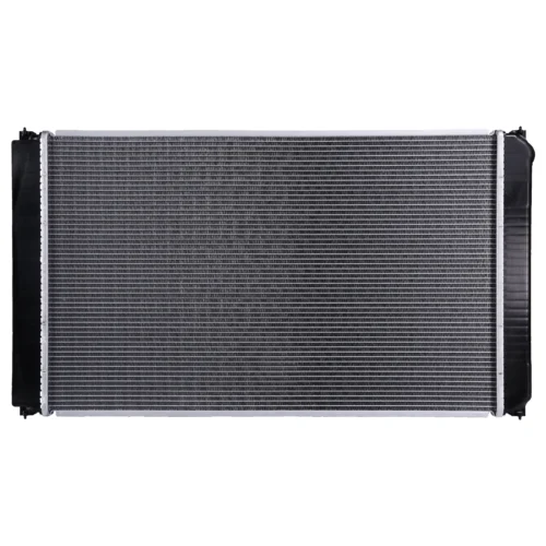 Hybrid radiator with aluminum cooling core and black plastic end tanks