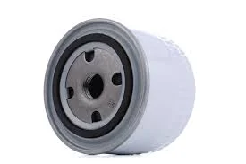 Spin-on oil filter with cylindrical metal housing and threaded base plate