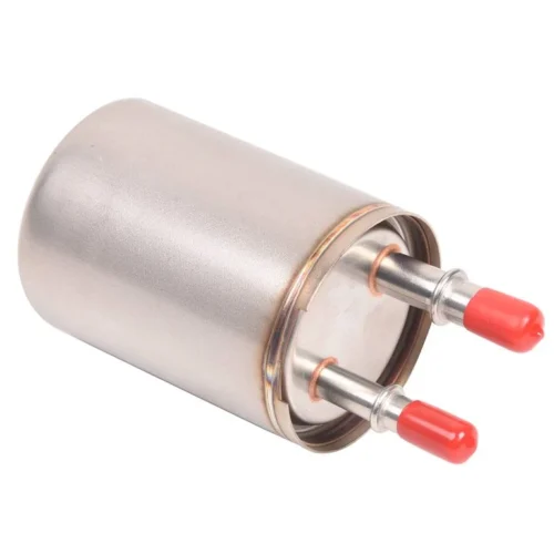 Cadillac XTS 22821145 fuel filter showing its compact steel housing and aligned connector ports.