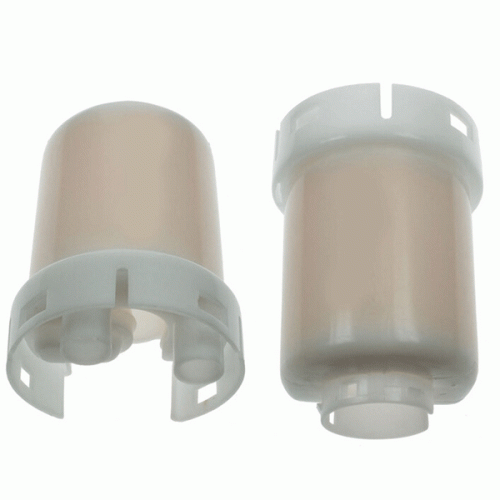Plastic fuel filter featuring smooth cylindrical body and molded connector ends for automotive fuel line applications