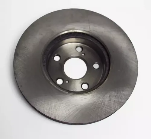Automotive front brake disc with circular cast iron rotor and machined braking surface