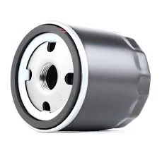 Spin-on oil filter with cylindrical metal housing and threaded base plate