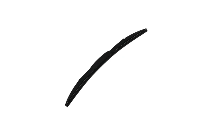 Front windshield wiper blade with black rubber wiping strip and metal support frame