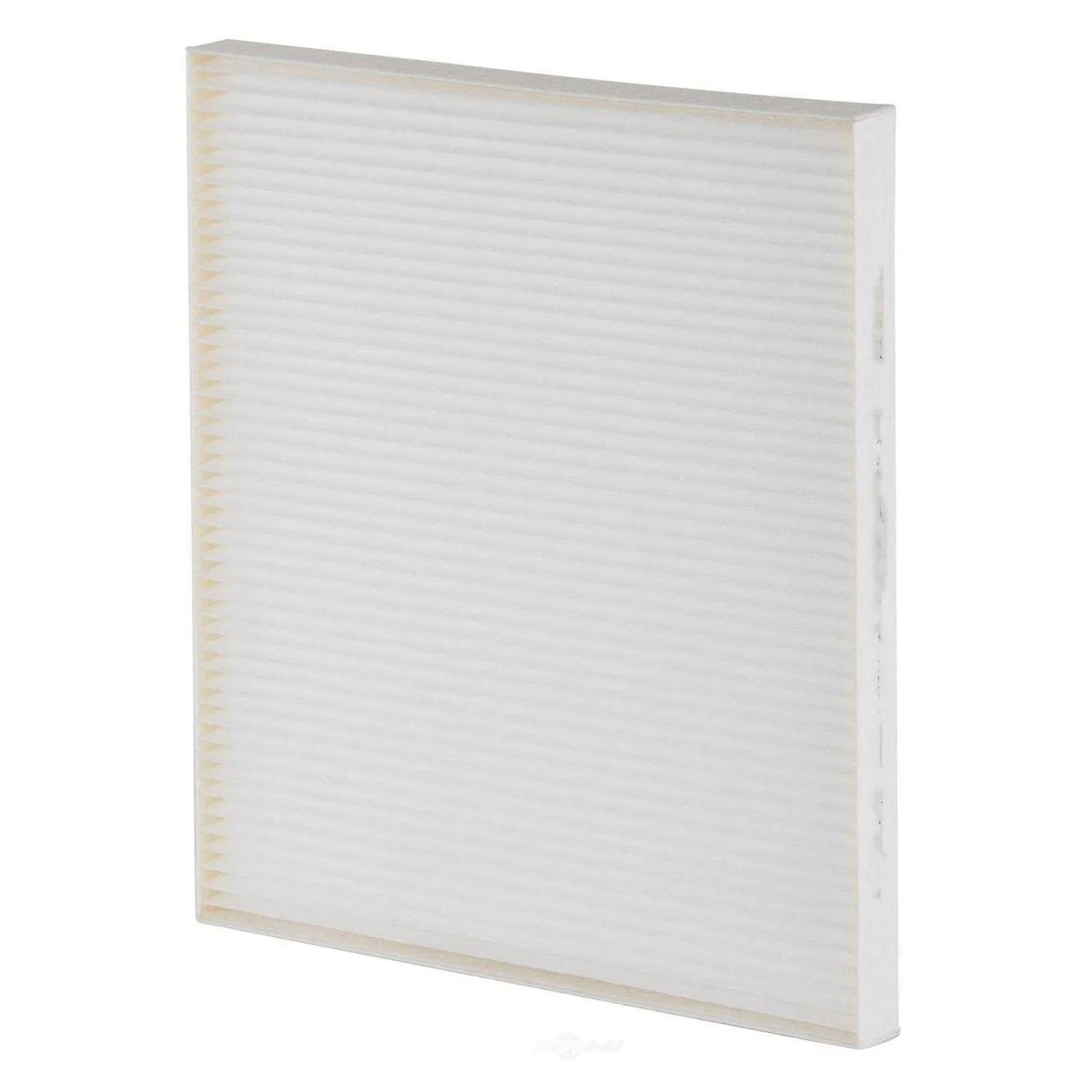 Automotive cabin filter featuring molded plastic frame and light-colored filter media