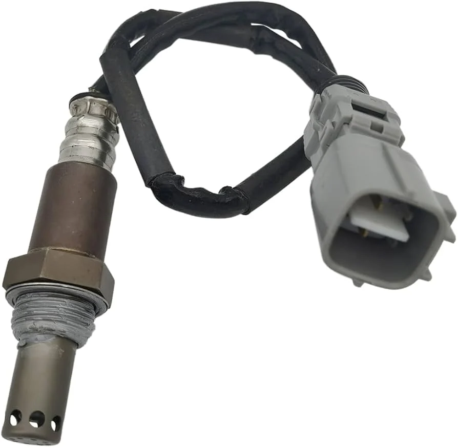Upstream O2 sensor featuring smooth metal probe housing and angled cable outlet