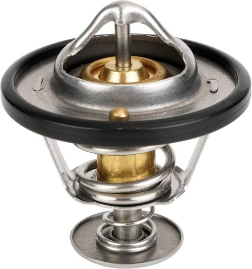 Metal thermostat assembly with black rubber sealing ring and exposed stainless spring frame