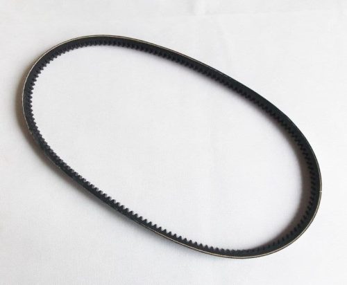 Black rubber serpentine belt with ribbed inner surface and smooth outer backing