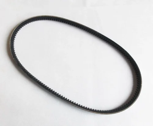 Black rubber serpentine belt with ribbed inner surface and smooth outer backing