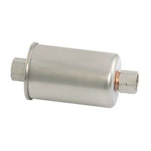 E3EE-9155-C fuel filter for Ford Tempo 2.3 showing compact steel housing and aligned inlet ports.