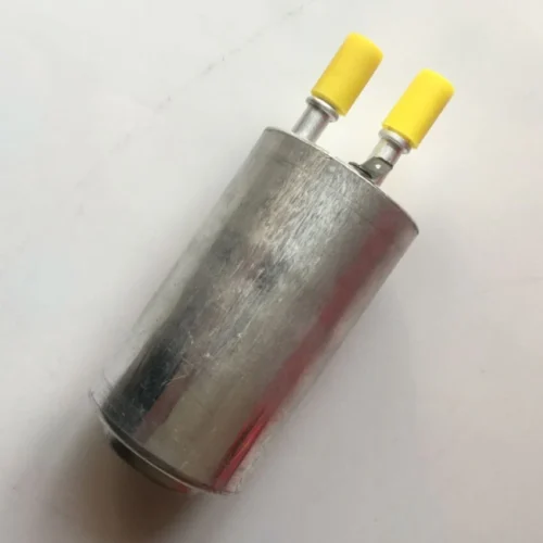 XA61-9155-AA fuel filter for Ford Mondeo showing cylindrical steel housing with precision-formed connectors.