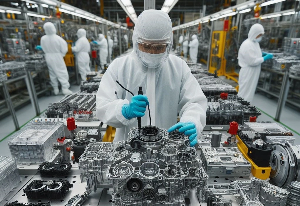 Workers in protective suits inspecting automotive components on a highly automated factory assembly line.