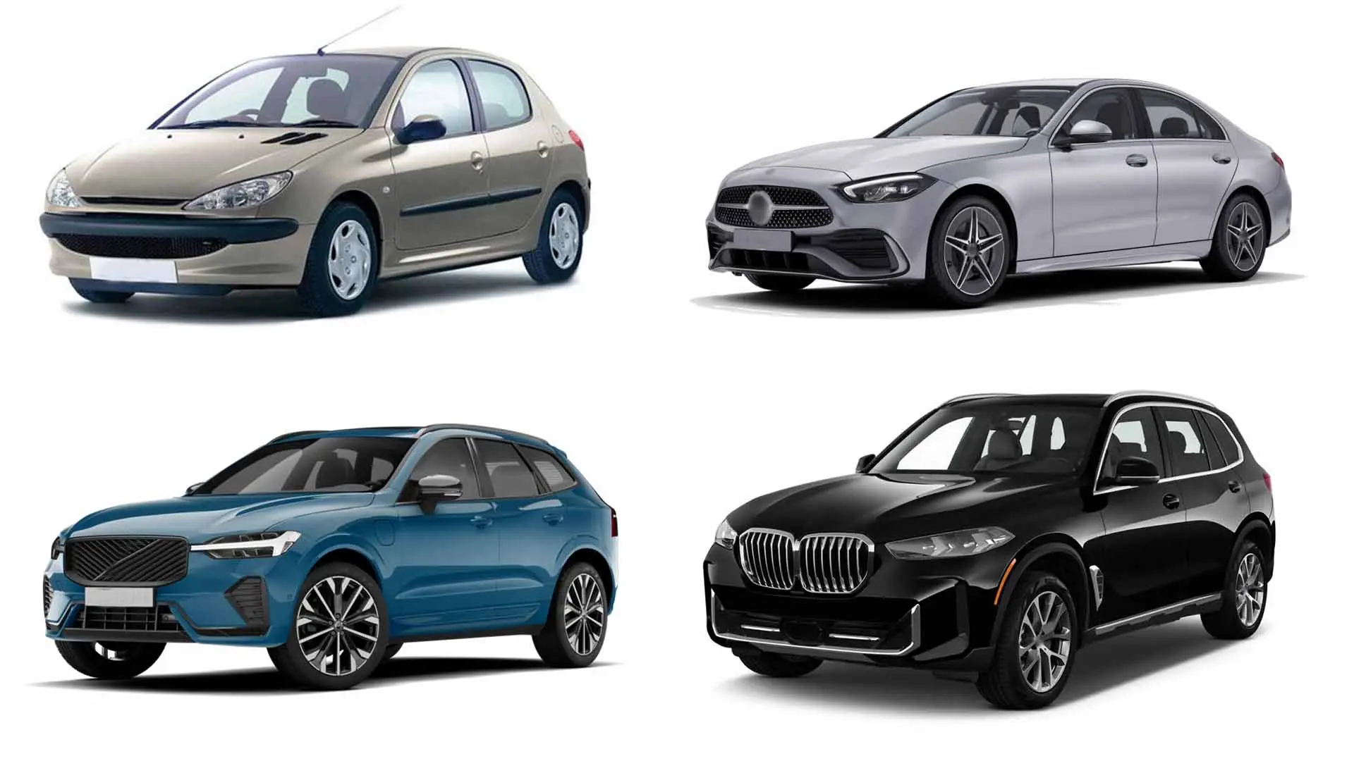 European-style premium vehicle silhouettes representing common Mercedes, BMW and VW platforms