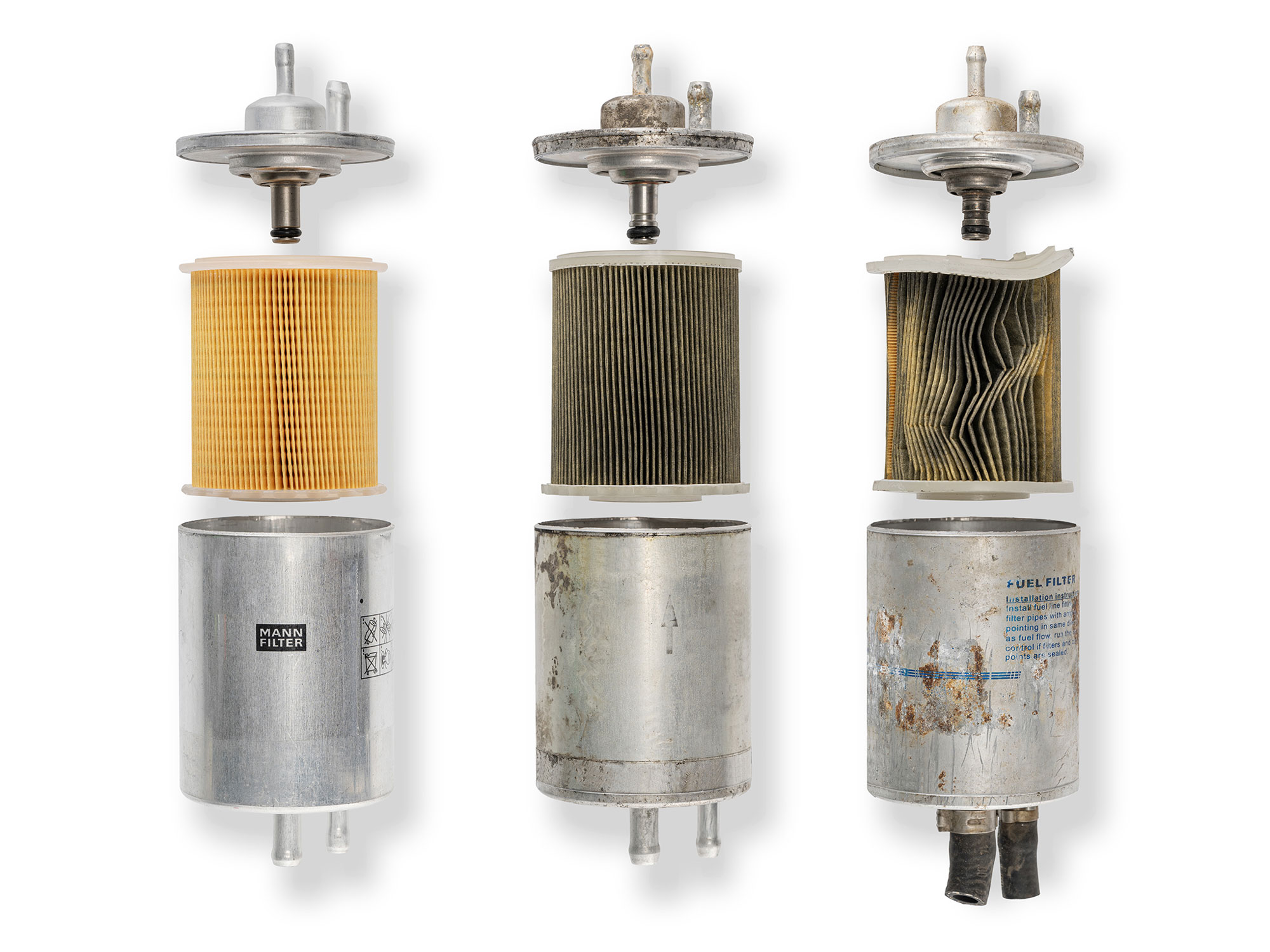 High-density fuel filter media showing uniform fiber layers for improved engine protection in modern passenger cars.