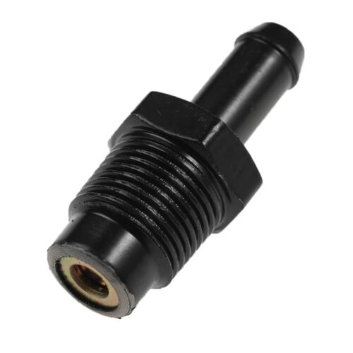 Black PCV valve for Toyota Corolla, metal body with external threaded section, hexagonal wrench surface, smooth cylindrical outlet, and visible brass-colored inner rim at the opening.
