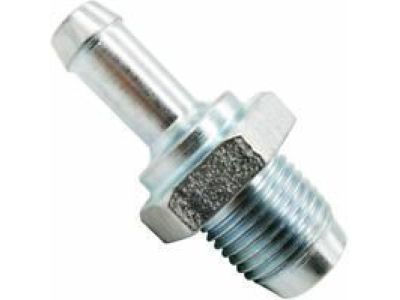 Metal PCV valve with elongated cylindrical body and angled hose outlet