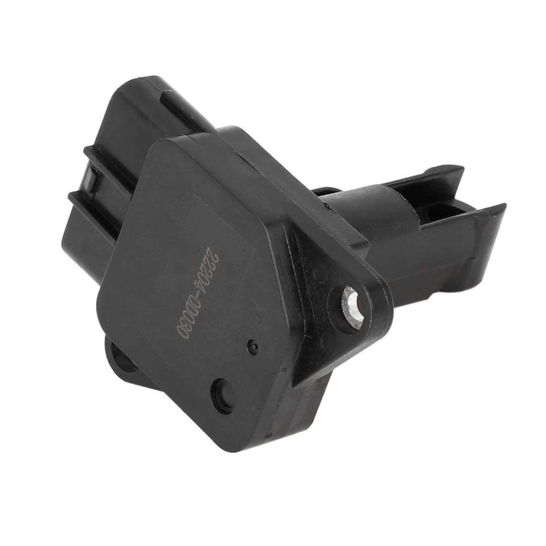 Mass air flow sensor with compact plastic housing and offset electrical connector port