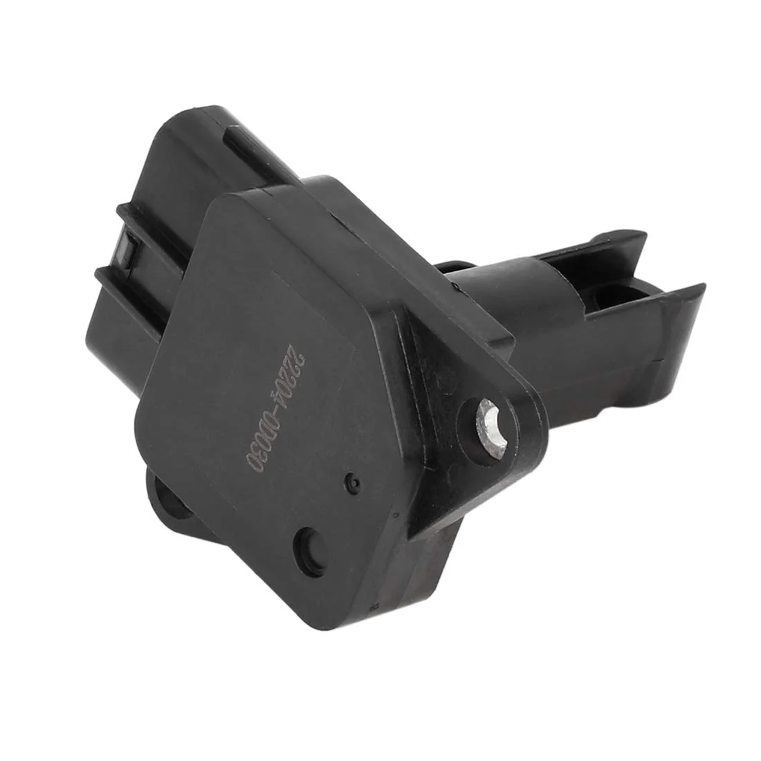 Mass air flow sensor with compact plastic housing and offset electrical connector port