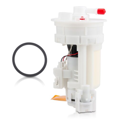Fuel pump assembly with tall cylindrical plastic housing and top-mounted outlet flange