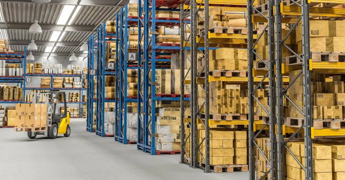 inventory establishment showing pallet racking system with boxed auto parts and forklift handling stock depth
