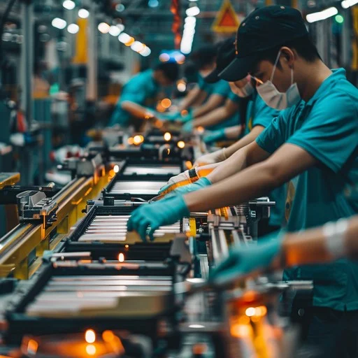 Workers operating along a production line assembling components under controlled factory conditions.