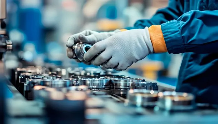 A worker wearing protective gloves handling precision metal components on a manufacturing workstation.