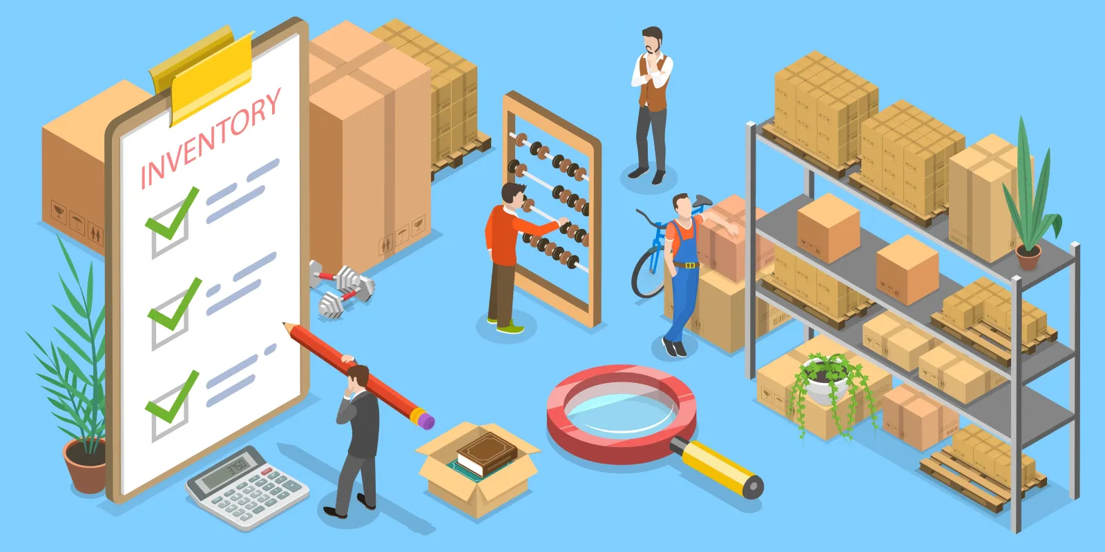 Illustrated warehouse inventory scene showing stacked boxes, checklist board, and people reviewing stock levels
