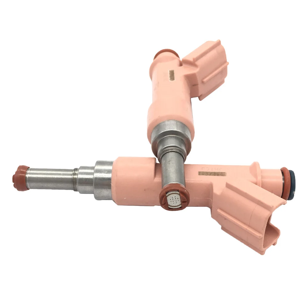 Toyota-style fuel injector featuring a molded plastic housing, visible O-ring seals, and a smooth metallic lower tube finish