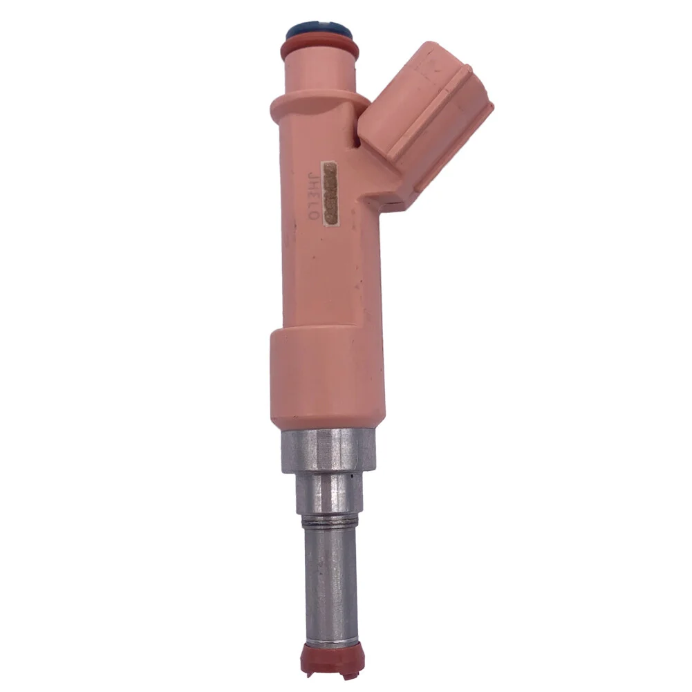 Fuel injector with light pink polymer upper body, integrated connector, and exposed silver metal nozzle section