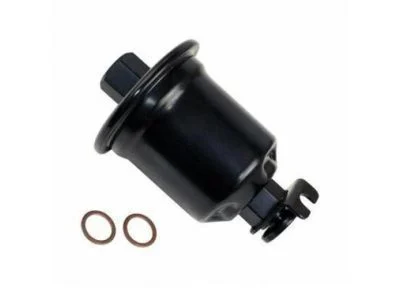 RAV4 car fuel filter featuring cylindrical black metal body with bracket flange and detachable fuel line fittings