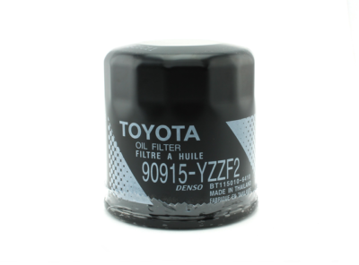 Toyota-branded black metal oil filter canister with white printed model number 90915-YZZF2 and smooth coated exterior