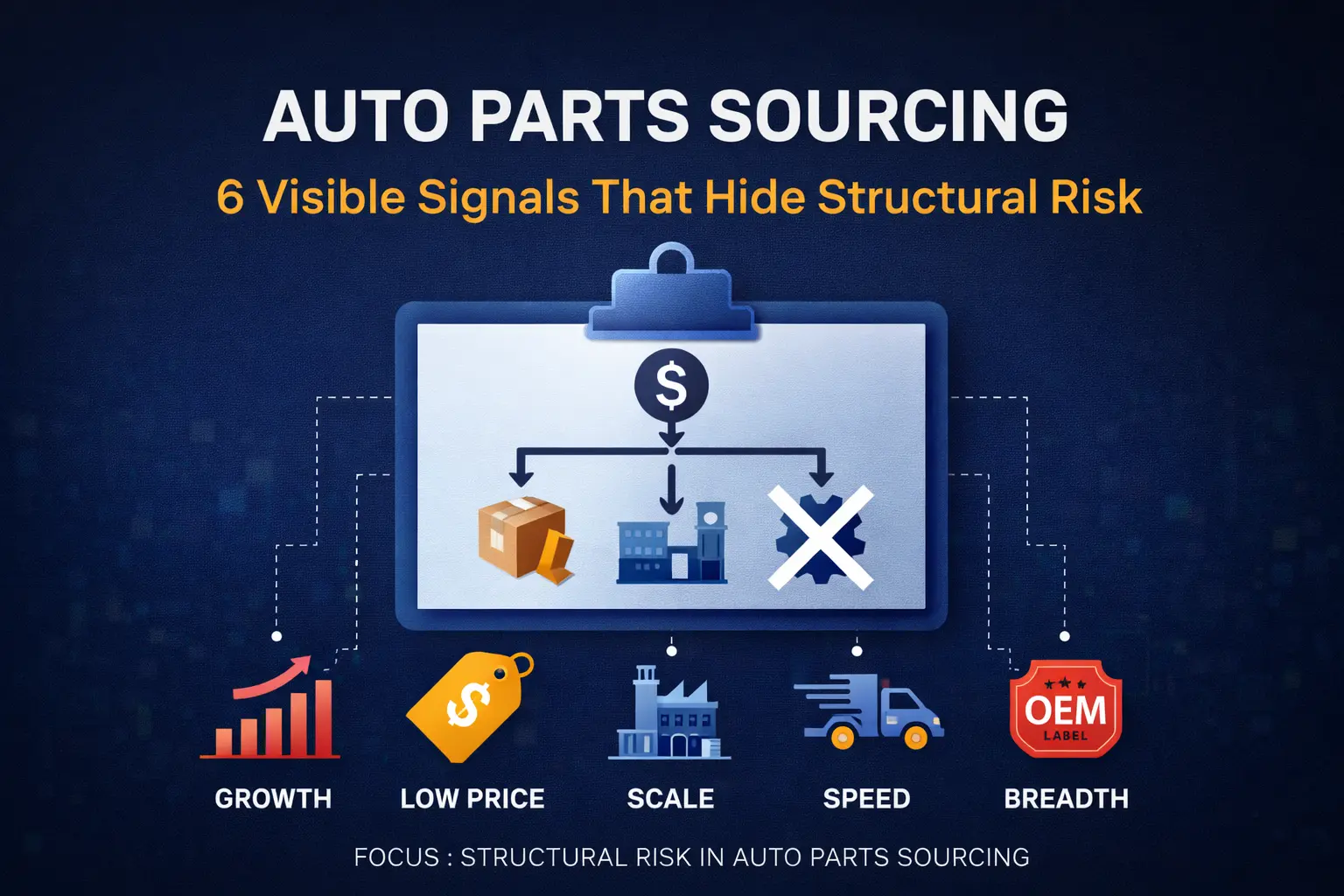 Auto parts supplier risk framework showing growth, low price, scale, speed, breadth, and OEM auto parts signals in aftermarket auto parts sourcing