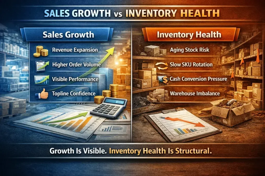 Aftermarket auto parts inventory comparison showing sales growth, higher order volume, aging stock risk, and warehouse imbalance for an auto parts supplier
