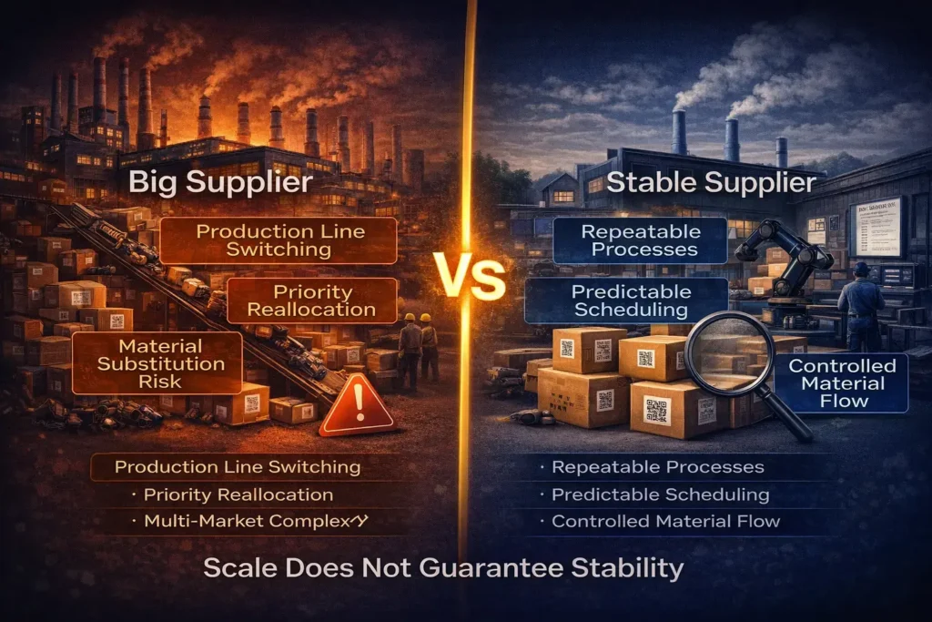 Auto parts supplier comparison showing factory scale, production line switching, priority reallocation, and stable operational control in aftermarket sourcing