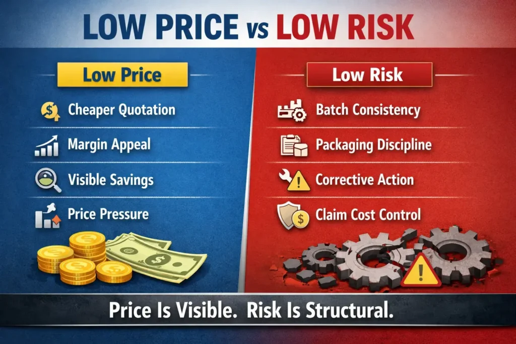 Aftermarket auto parts sourcing comparison showing cheaper quotation, visible savings, batch consistency, packaging discipline, and claim cost control for an auto parts supplier
