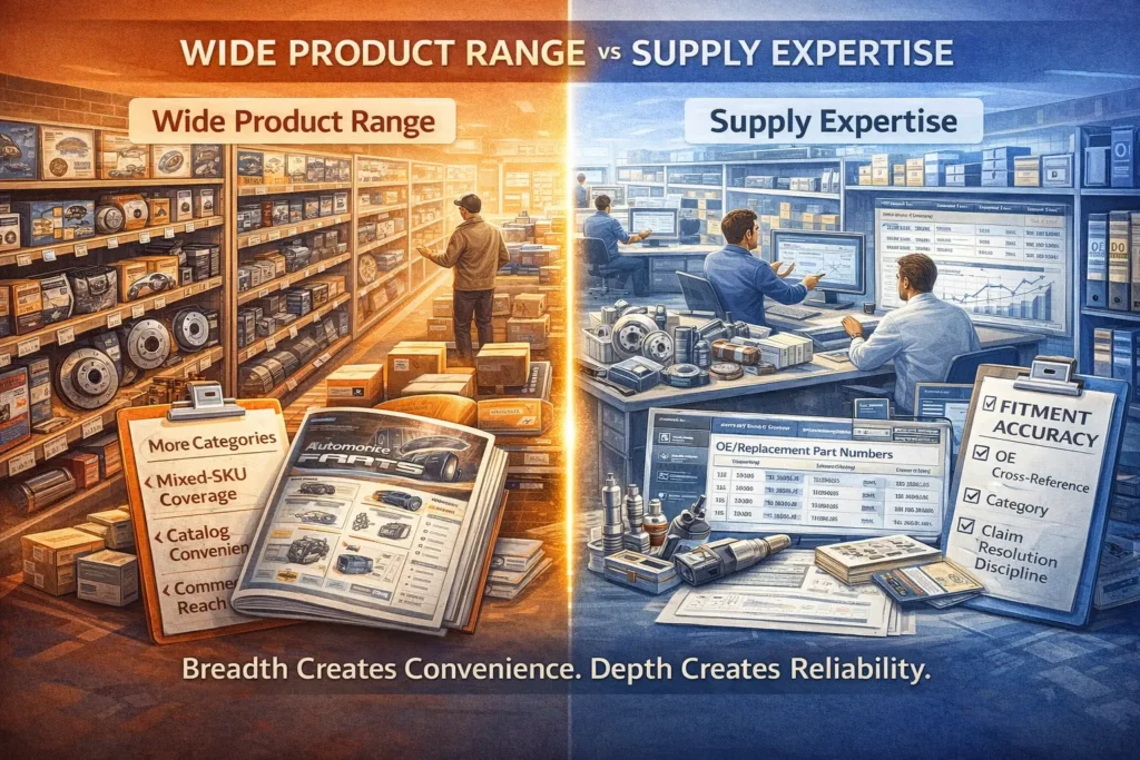 Automotive aftermarket parts suppliers comparison showing wide product range, mixed-SKU coverage, fitment accuracy, and OE cross-reference control