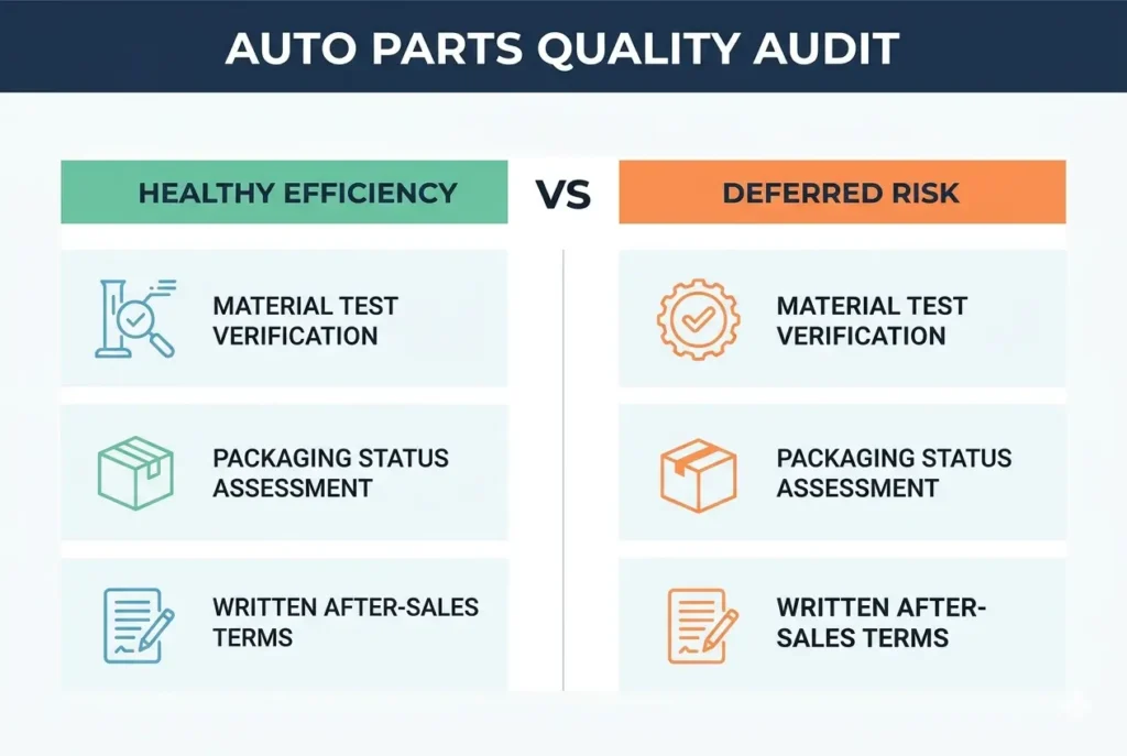 Decision matrix for evaluating auto parts wholesale suppliers comparing healthy low prices versus dangerous procurement risks