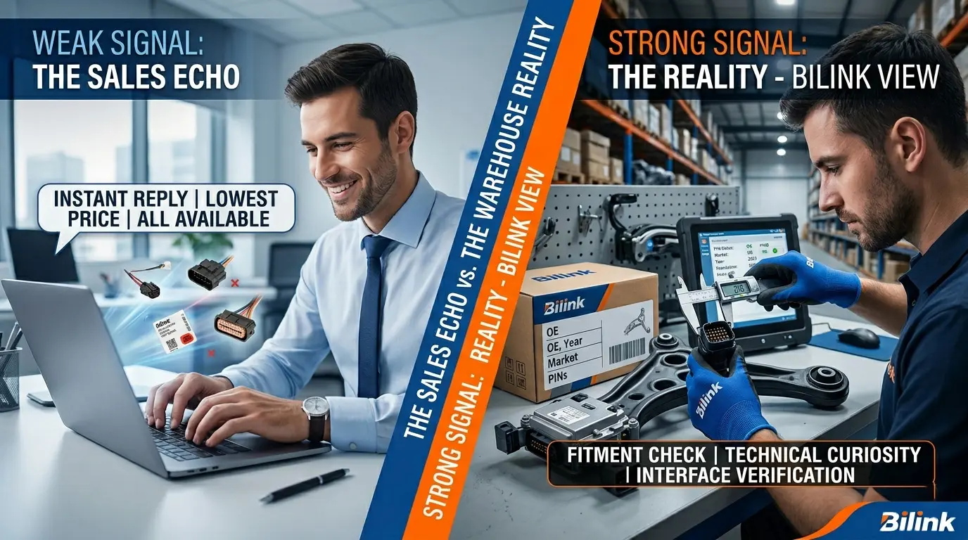 A professional featured image for an auto parts procurement article, split diagonally to compare "The Sales Echo" (a salesman providing instant, unchecked quotes) against "The Reality" (a Bilink expert performing technical fitment and interface verification with a digital caliper). The visual emphasizes the difference between weak sales signals and strong technical execution in the automotive supply chain.
