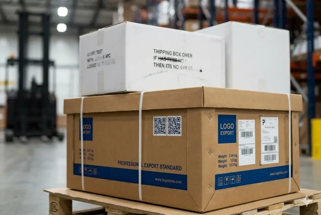 Wholesale auto parts packaging comparison showing professional export labels versus generic low-cost identity drift