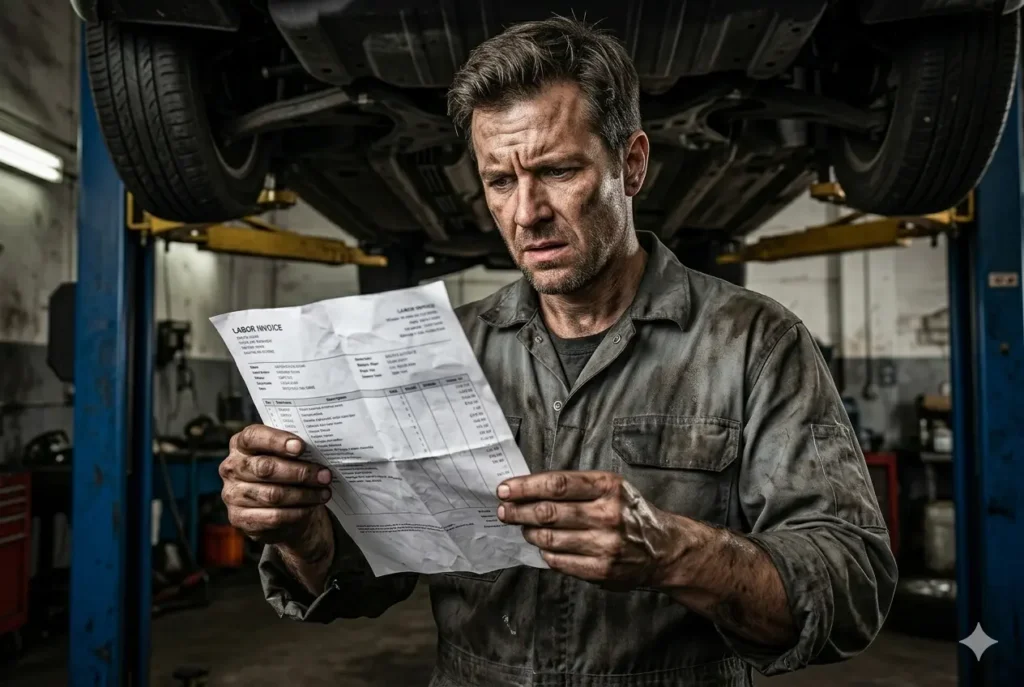 Professional mechanic evaluating a failed aftermarket car part illustrating the high labor costs and after-sales claims of low-price sourcing