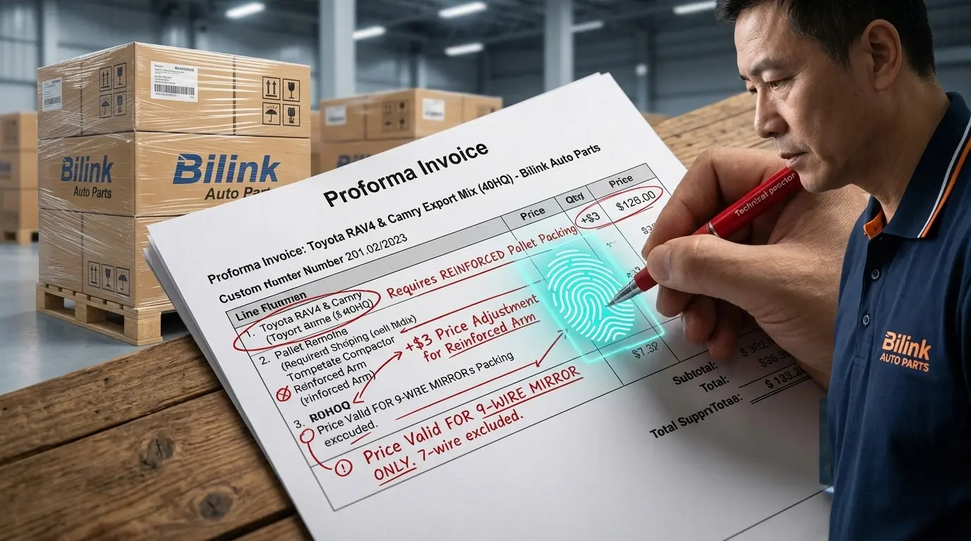 Technical procurement proforma invoice for Toyota RAV4 and Camry parts export featuring red-ink annotations and price adjustments that represent 'commercial fingerprints' of risk control at Bilink Auto Parts.