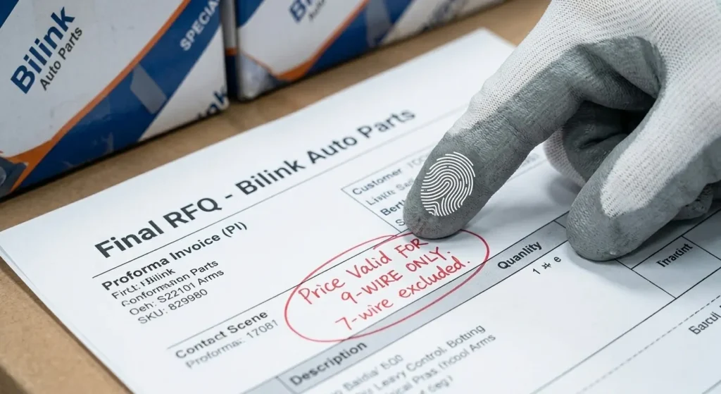 Macro close-up on the glove-covered finger of Bilink's Chinese technical director, marked with a graphic fingerprint, identifying technical modifications on a final quotation.