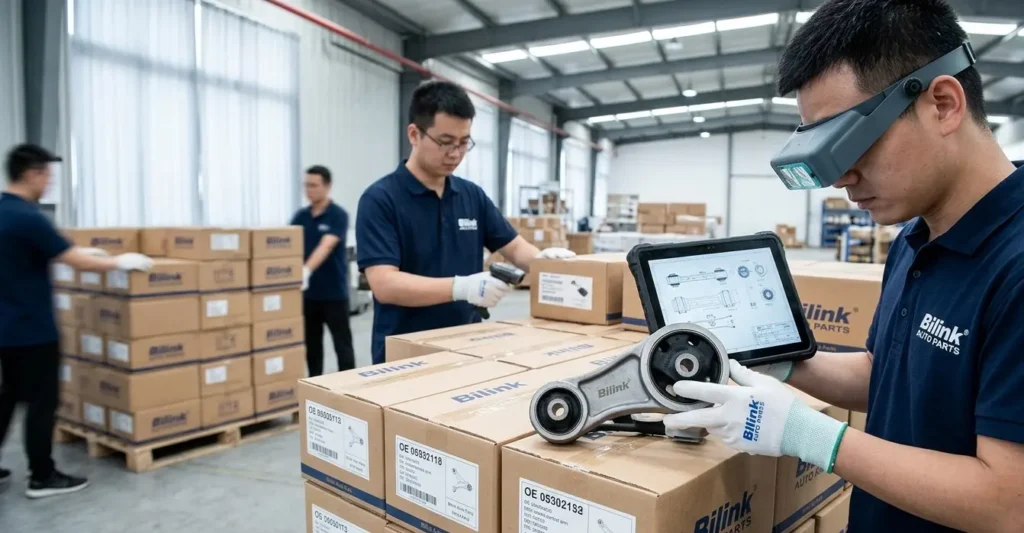 A Chinese quality inspector for Bilink conducting rigorous physical verification of a Toyota control arm bushing batch codes against a technical drawing, contrasting against quick, unverified pallet quick confirmations to avoid procurement risk transfer.