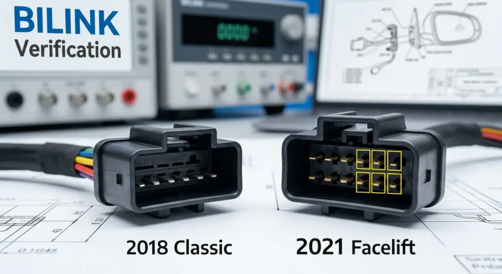 Aftermarket car parts suppliers identifying pin count differences between classic and facelift side mirror connectors.